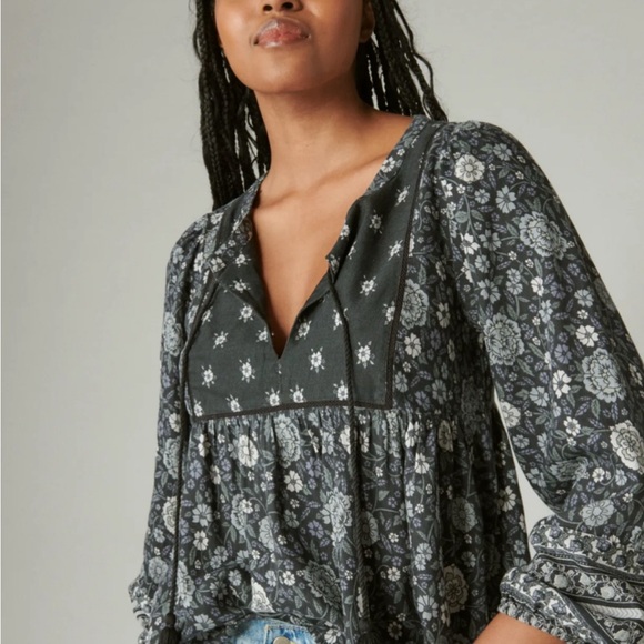 Lucky Brand Long Sleeve Peasant Blouse black and white Sz 2xl - Picture 2 of 10